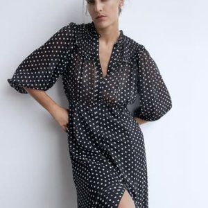 Zara polka dot 3/4 Sleeve Button Front Midi Dress Size S